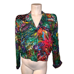 CAROLE LITTLE Petites Top Sz 10 Boho Multicolor Button Front Shirt Jacket Shrug